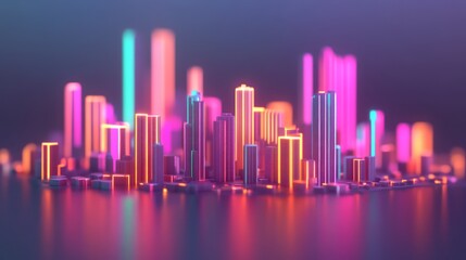Poster - Futuristic neon city skyline at night with glowing skyscrapers reflecting on water surface, vibrant colorful light, modern urban landscape aesthetic, digital artwork