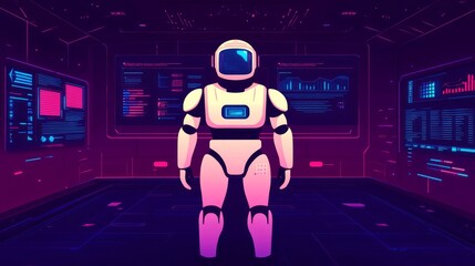 Poster - Futuristic Robot Astronaut in a High-Tech Control Room Surrounded by Data Displays and Neon Lights