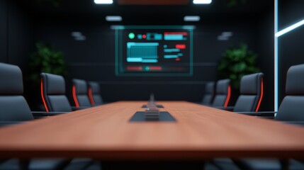 Poster - Modern Conference Room with Advanced Technology and Sleek Design Featuring a Long Table, Ergonomic Seating, and Digital Displays in a Professional Environment