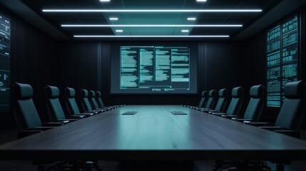 Poster - High-Tech Conference Room Interior with Advanced Digital Displays and Modern Seating Arrangement, Ideal for Business Meetings and Strategic Discussions