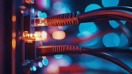 Poster - Vibrant network cables connect to a server in a modern data center during evening hours