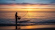 © hattaarshavin - A fisherman casting his net into the ocean as the sun rises over the horizon