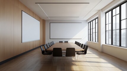 Poster - Modern Conference Room with Large Wooden Table and Windows Providing Natural Light Ideal for Business Meetings and Collaborative Discussions