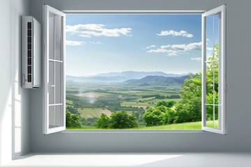 Poster - Air conditioner mounted on wall with open window revealing scenic countryside view. Generative AI