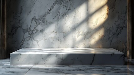 Poster - Minimalist White Marble Podium Under Soft Spotlight with Elegant Background for Luxury Product Display