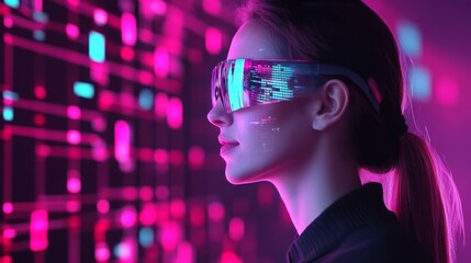 Poster - Futuristic Woman with High-Tech Glasses Surrounded by Neon Lights and Digital Patterns, Capturing the Essence of Innovation and Modern Technology in a Vibrant Setting