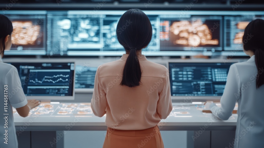 Female Team Analyzing Data on High-Tech Screens in a Modern Office ...