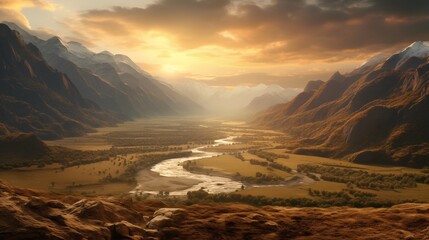 Wall Mural - A wide valley with golden hour lighting, space on the right for design elements,generative ai illustration