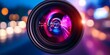 © Yan - A camera lens with reflections of city lights and colorful bokeh in the background, creating a vibrant visual effect. Concept Camera Lens Reflections, City Lights, Colorful Bokeh, Vibrant Visuals