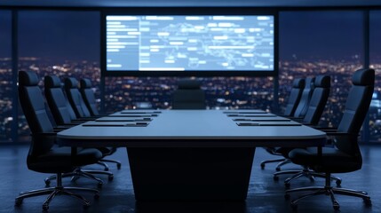 Poster - Sleek Modern Conference Room with Large Table and Dim Lighting Overlooking a Cityscape at Night, Featuring Advanced Technology and Interactive Screen Display