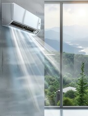 Aufkleber - Air conditioner mounted on wall beside an open window with a scenic outdoor view of lush green hills and blue mountains. Generative AI