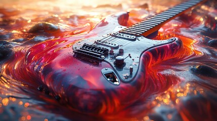 Poster - A vibrant electric guitar rests on a molten lava surface, blending music and nature's power.