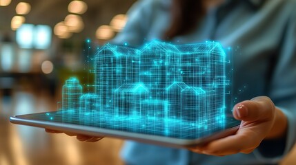 Poster - A person holding a tablet displaying a 3D holographic model of buildings.