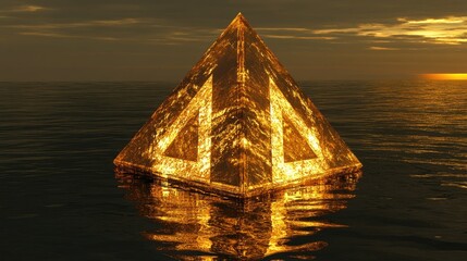 Poster - sunset scene with an abstract, glowing pyramid overlay reflecting in calm, glass-like water, blendin