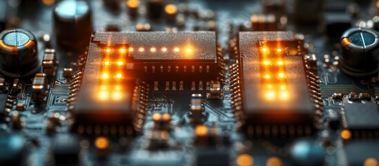 Poster - A close-up of a circuit board with illuminated chips, showcasing technology and electronics.