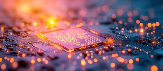 Poster - A close-up view of a microchip on a circuit board with glowing lights.