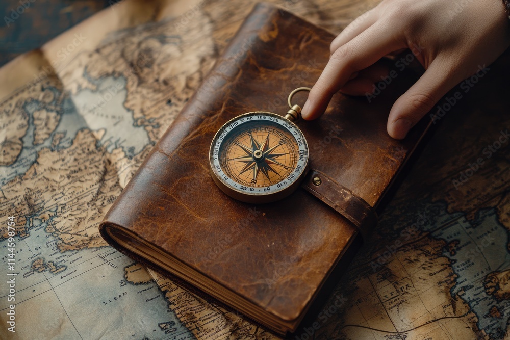 Antique compass rests on a leather journal atop an aged world map ...