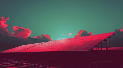 Solar Panel Farm Under Dramatic Red And Teal Sky Renewable Energy And Sustainability