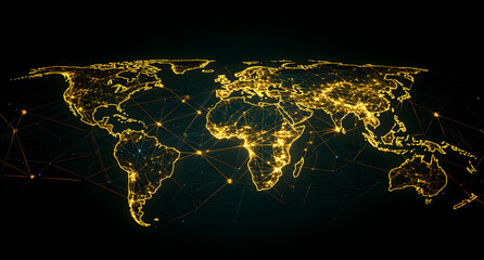 Poster - World map with global network connections, digital and technology background