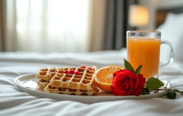 Wall Mural - Freshly prepared waffles with orange slices and a pink rose served on a plate in a cozy bedroom setting with