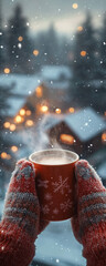 Warm drink in snowy winter landscape. Cozy scene with a steaming mug held in mittens against a blurred backdrop of snow-covered houses and falling snow.