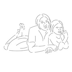 Canvas Print - Isolated vector line character mom and daughter are lying on the couch and having fun .Hand drawn style art design illustrations.