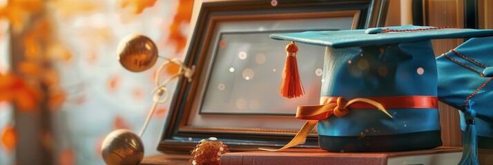 Poster - Graduation cap and frame set against a backdrop of school items with warm lighting and copy space for personal message. Generative AI
