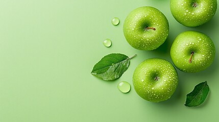 Wall Mural - Fresh green apples with water drops and leaves on green background.