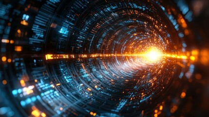 Poster - Abstract digital tunnel with glowing light effects.