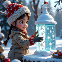 Wall Mural - a joyful winter scene with a girl lighting a lantern in a snowy landscape, digital art of fantasy co