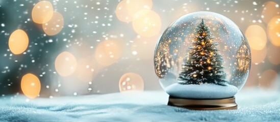 Christmas decorations featuring a small tree with lights and a snow globe filled with snowflakes and sparkles in