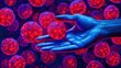 © weerasak - A vibrant, surreal depiction of a human hand reaching out to glowing, spherical entities, evoking themes of science, biology, and a connection to the microscopic world.