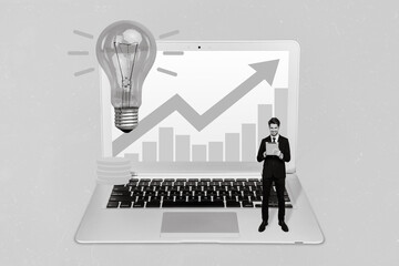 Poster - Creative photo 3d collage artwork postcard poster of young office manager boss use modern device earn money isolated on painting background