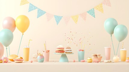 Sticker - Pastel Party Scene With Balloons Cakes and Drinks