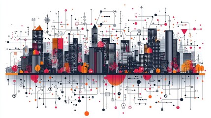 Poster - Abstract city skyline with digital elements and colors.