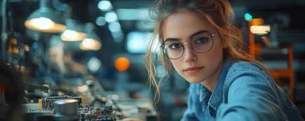 Poster - Young woman in glasses working with electronic components in a focused laboratory setting