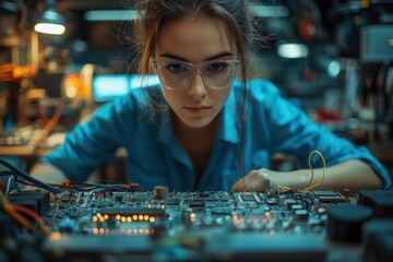 Poster - Focused woman working on electronic circuit in a modern technology lab