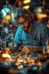 Poster - Focused technician working on electronic components in a well-lit workshop