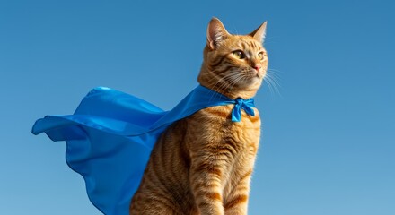 Wall Mural - Cat with blue cape, superhero or pet with costume, sky or brave animal. Outdoor, domestic or cute with power, fun or portrait for cosplay, comic