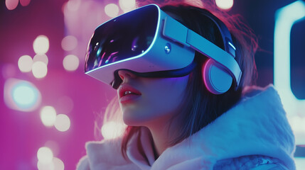 Poster - virtual reality experience captivates participant in neon-lit environment at a tech event