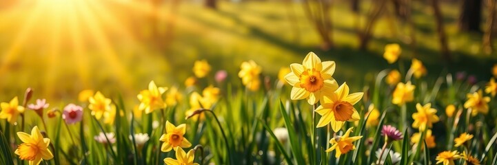 Wall Mural - Field of vibrant yellow daffodil flowers blooming under the sun, meadow, sunlight