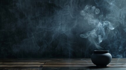 Canvas Print - Mysterious black bowl emitting smoke on a dark moody background