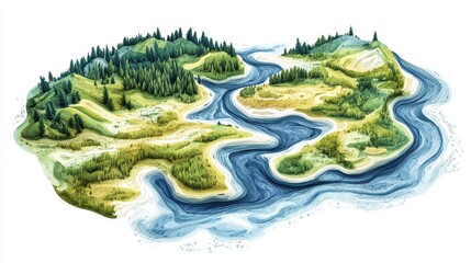 Isolated floodplain illustration on white, highlighting a topographic map with river elevations, water flow patterns, and vegetation zones, perfect for environmental studies