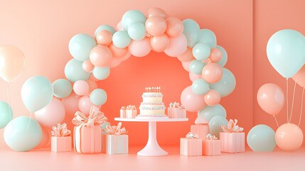 Sticker - Pastel Balloons Arch Cake Presents Birthday Party