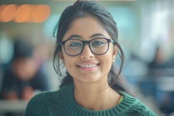 Wall Mural - Portrait of young Indian woman in green sweater smiling.