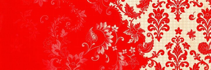 Wall Mural - Red damask design on white background vintage wallpaper, flock, red