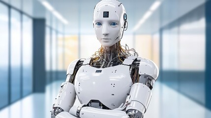Poster - A humanoid robot stands confidently in a futuristic hallway, showcasing advanced technology and design.