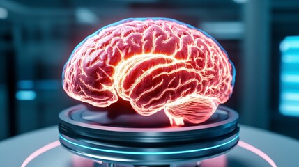 Poster - A futuristic glowing brain displayed on a high-tech platform, symbolizing advanced neuroscience and technology.