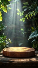 Canvas Print - Wooden Podium with Soft Sunlight in Lush Forest Scene for Natural Product Display