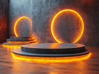 Poster - Floating Metal Rings Around Minimalist Podium for Futuristic Product Display Concept